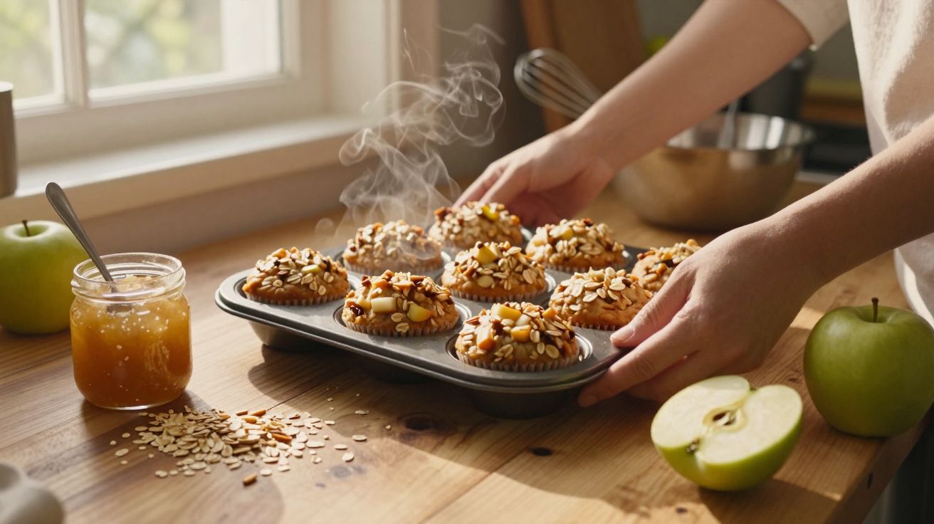 Pessoa a retirar do forno tabuleiro com muffins quentes e decorados com sementes numa cozinha iluminada.