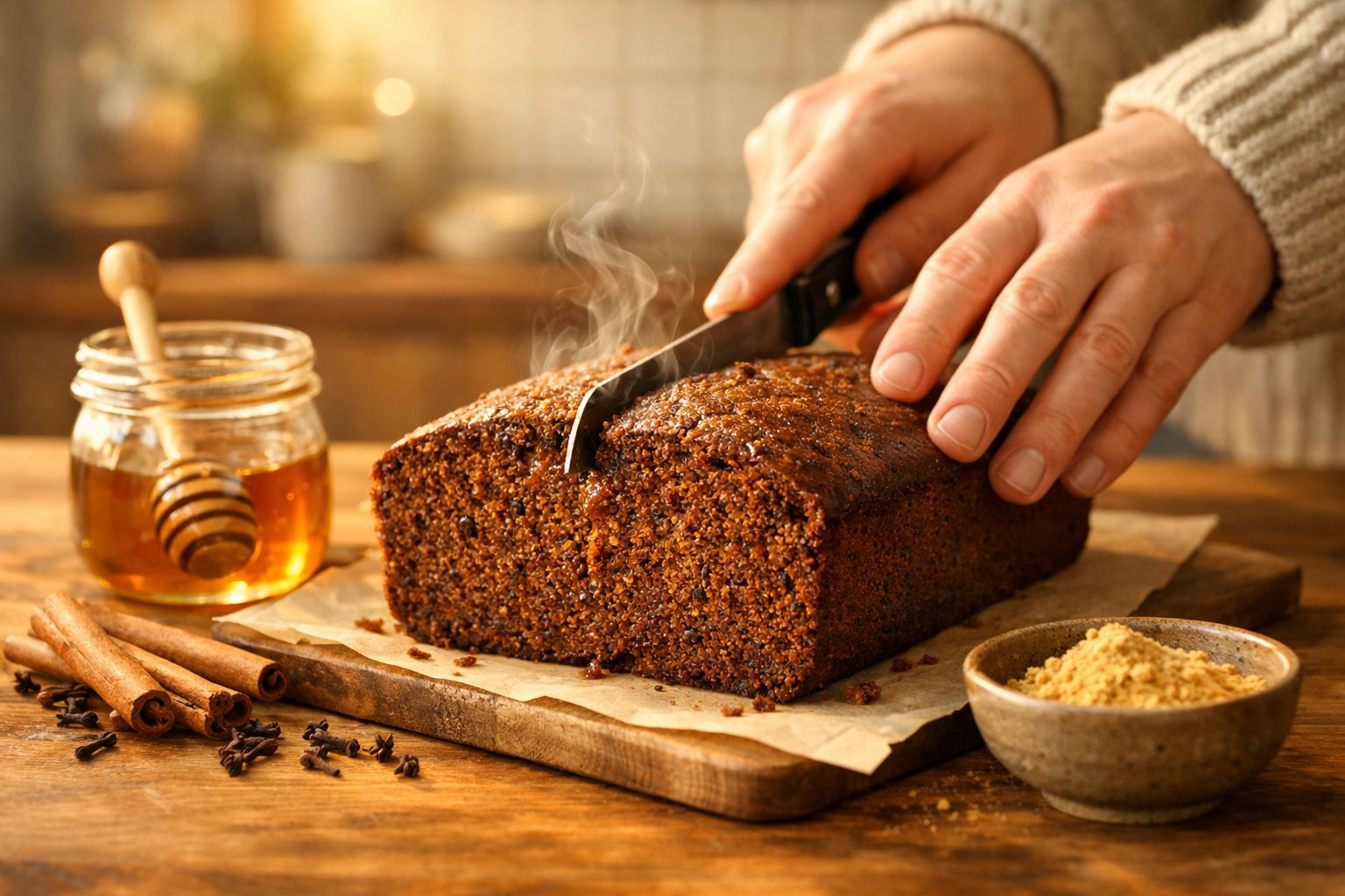 Pessoa a cortar bolo quente de especiarias em tábua de madeira, com canela, mel e gengibre à volta.
