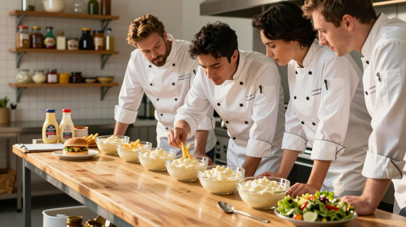 Quatro chefs em uniforme branco provam batatas fritas mergulhadas em diferentes molhos numa bancada de madeira.
