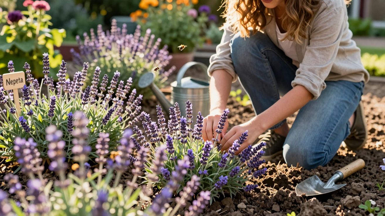 Pessoa a cuidar de plantas de népeta num jardim ensolarado com regador e enxada no chão.