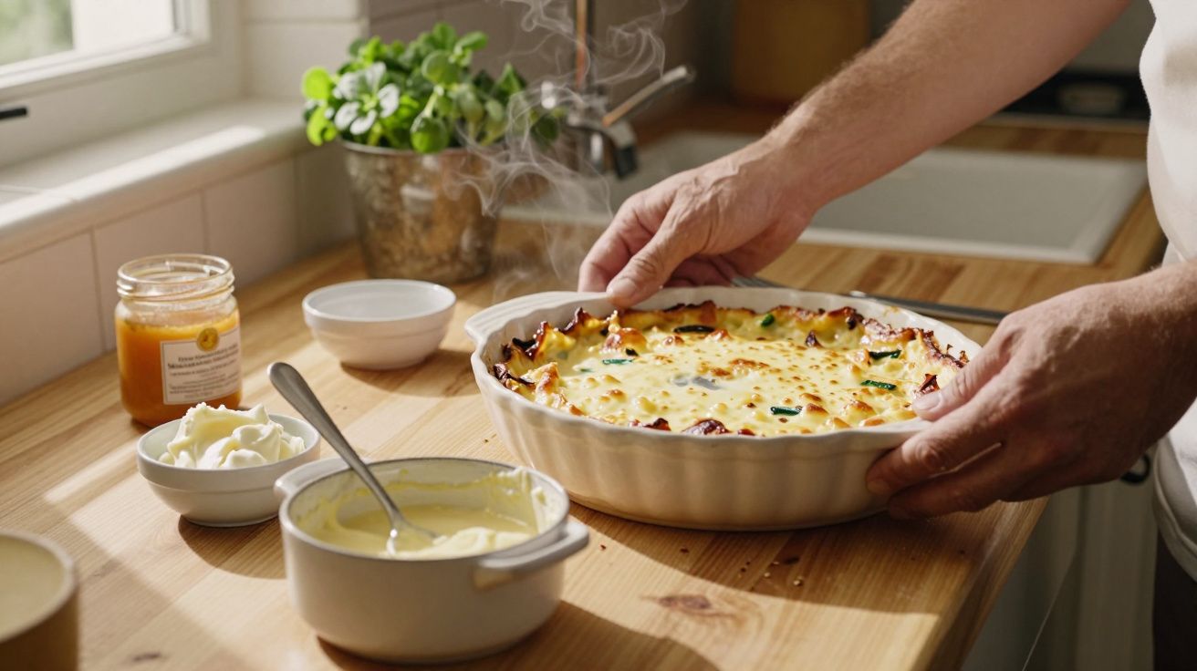 Mãos seguram travessa com lasanha fumegante numa cozinha com tigelas e mel sobre bancada de madeira.