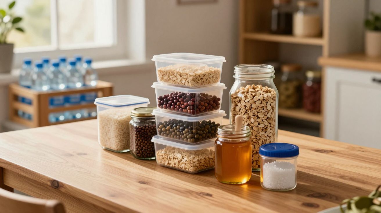 Frascos e recipientes com cereais, legumes e mel organizados numa mesa de madeira numa cozinha.