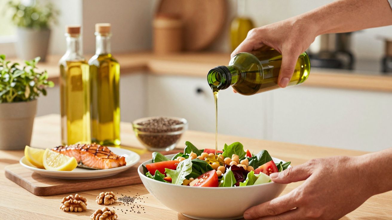 Pessoa a temperar salada com azeite na cozinha, com peixe grelhado e legumes ao fundo.