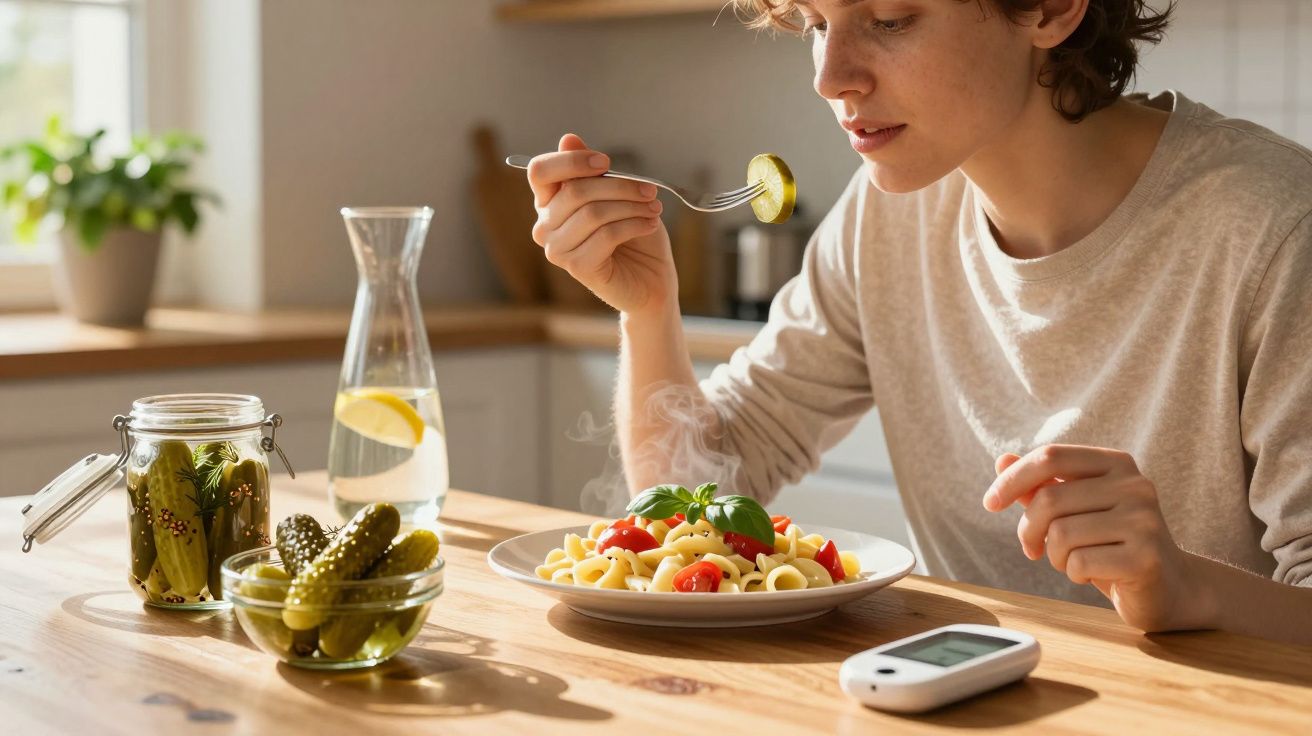Pessoa a comer massa com tomate e manjericão, ao lado de pepinos em conserva e um medidor de glicose.