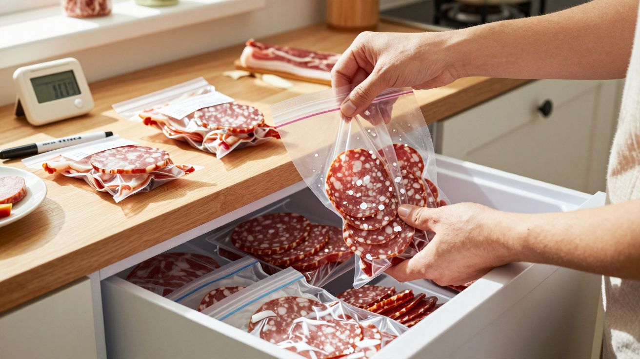 Pessoa a guardar fatias de salame em sacos plásticos dentro de uma gaveta na cozinha.