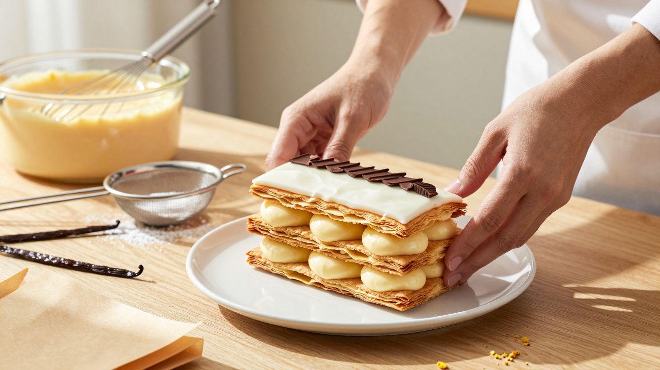 Pessoa a colocar sobremesa de massa folhada com creme e chocolate num prato branco sobre mesa de madeira.