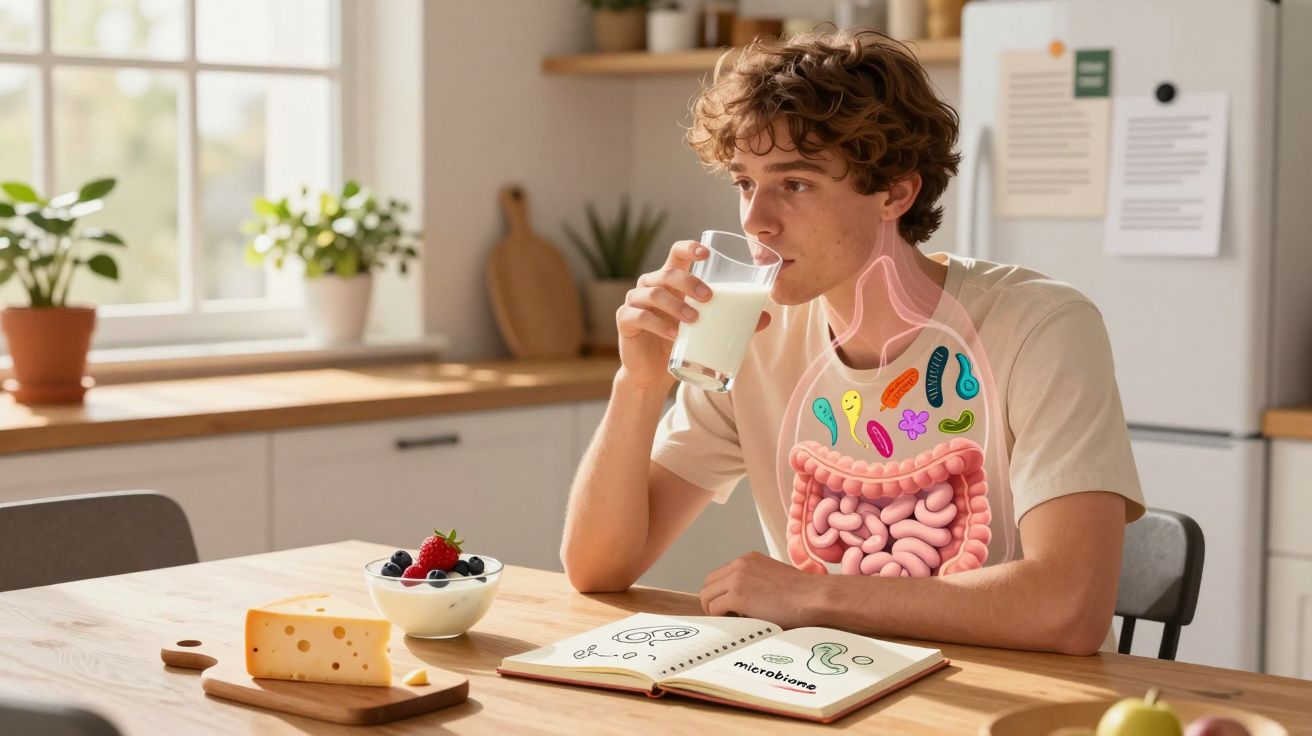 Jovem a beber leite com ilustração do sistema digestivo e microrganismos no estômago e intestinos.