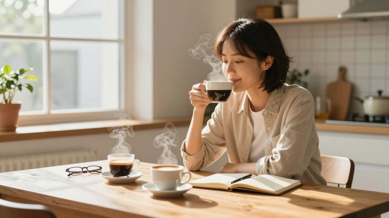 Mulher a saborear café quente numa cozinha luminosa, com livro aberto e óculos sobre a mesa de madeira.