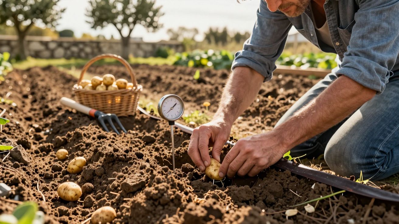 Homem a colher batatas numa horta, com cesta e medidor de humidade no solo ao lado.