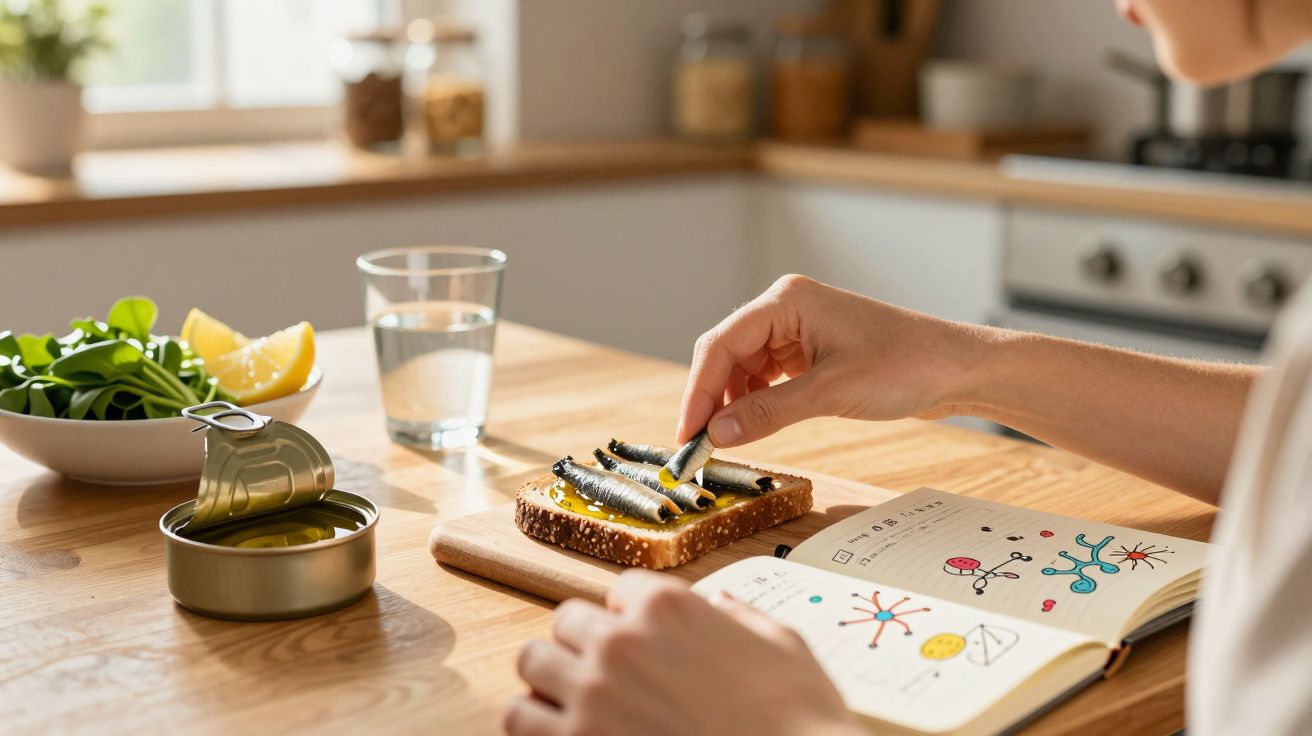 Pessoa a colocar sardinhas em tosta com sementes numa cozinha, ao lado de caderno ilustrado.