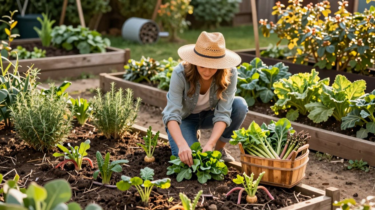 Mulher com chapéu a cultivar hortícolas numa horta elevada, com uma cesta cheia de legumes frescos ao lado.