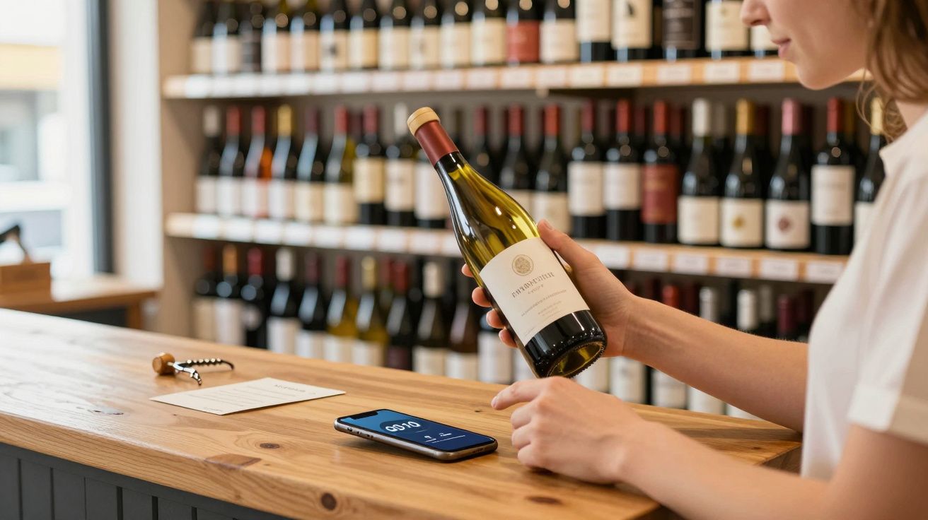Pessoa segurando uma garrafa de vinho numa loja, com telemóvel e saca-rolhas sobre o balcão de madeira.