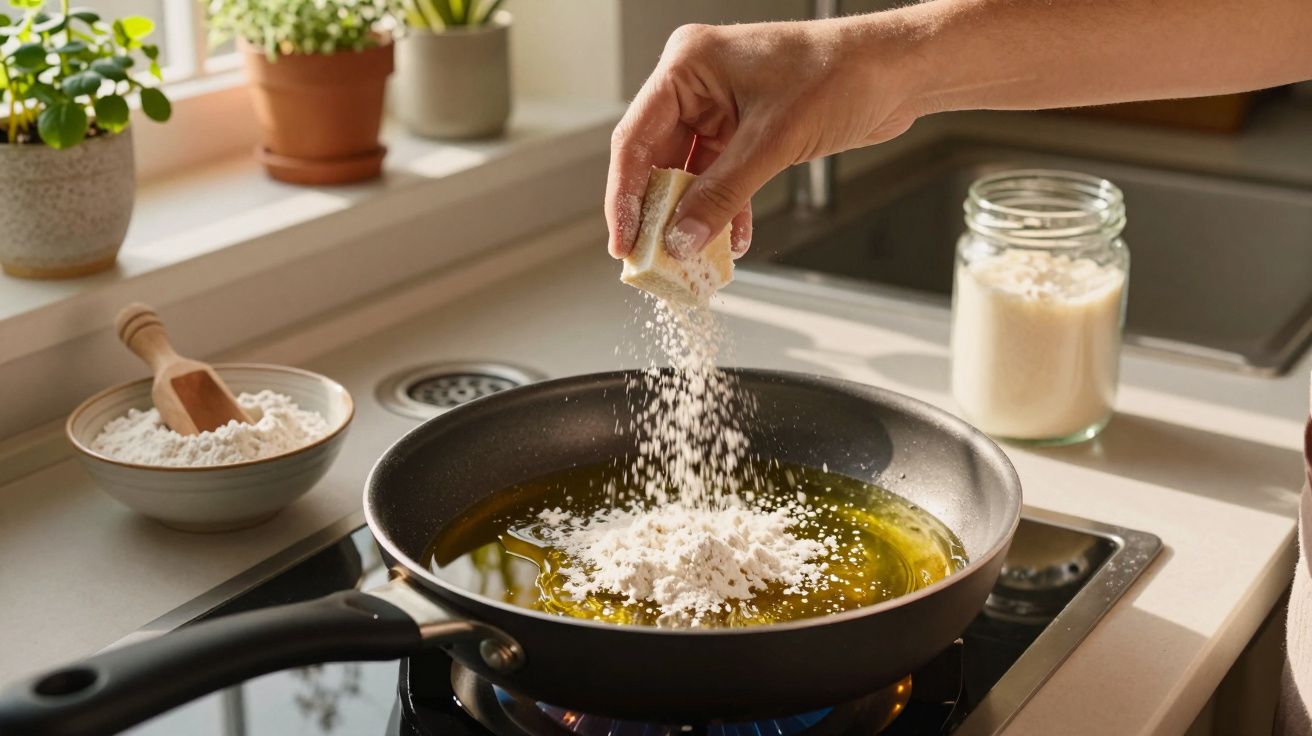 Mão a adicionar farinha numa frigideira com óleo quente num fogão, com plantas no peitoril da janela.