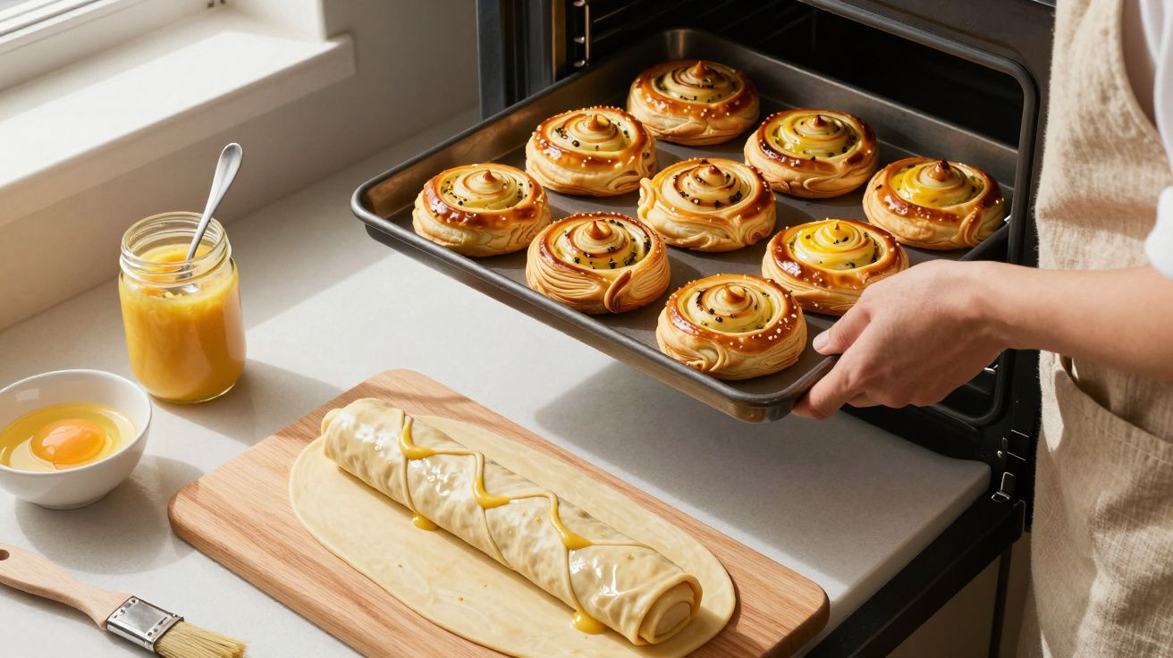 Pessoa a retirar tabuleiro de caracóis doces do forno, com rolo de massa e gemas numa bancada branca.