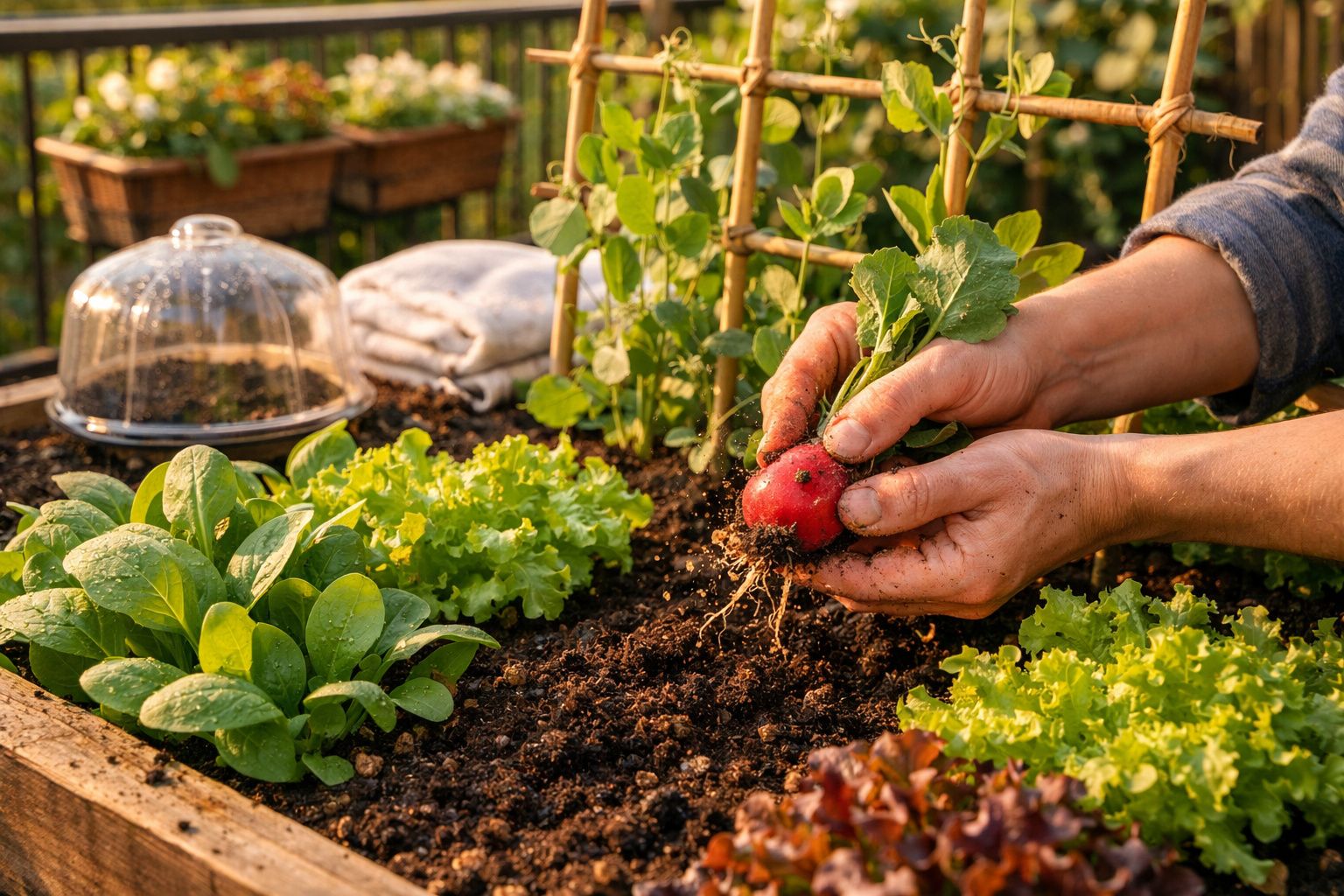 Mãos a colher rabanetes frescos numa horta urbana com várias plantas verdes e terra solta.