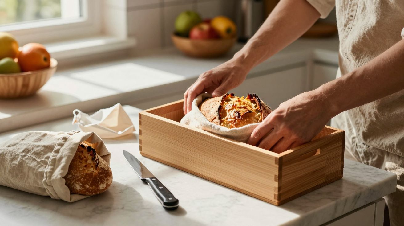 Pessoa com uma caixa de madeira a guardar pão caseiro numa cozinha clara e acolhedora.