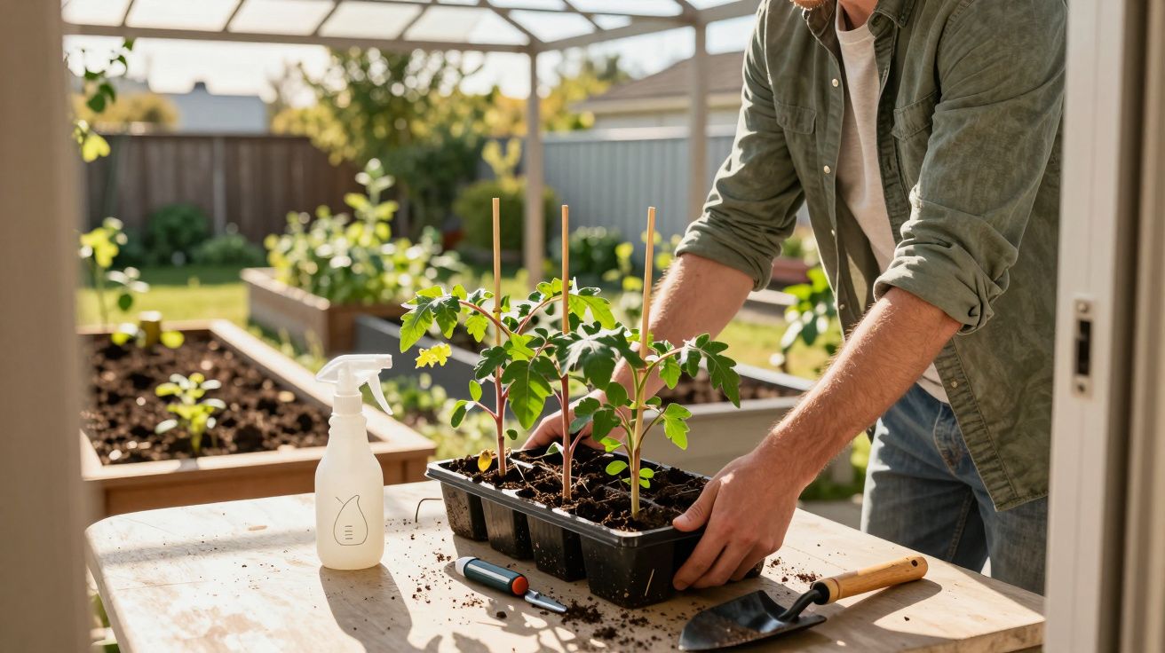 Pessoa a transplantar plantas jovens num viveiro a céu aberto num dia ensolarado.