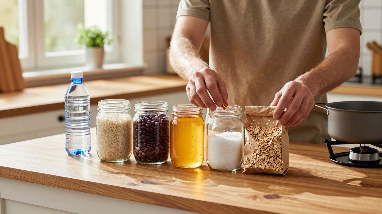 Pessoa a organizar frascos com arroz, feijão, mel, açúcar e flocos de aveia numa cozinha iluminada.