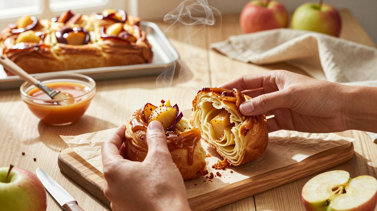 Pão doce aberto com maçã e caramelo, mãos a segurar, com tabuleiro e maçãs ao fundo.