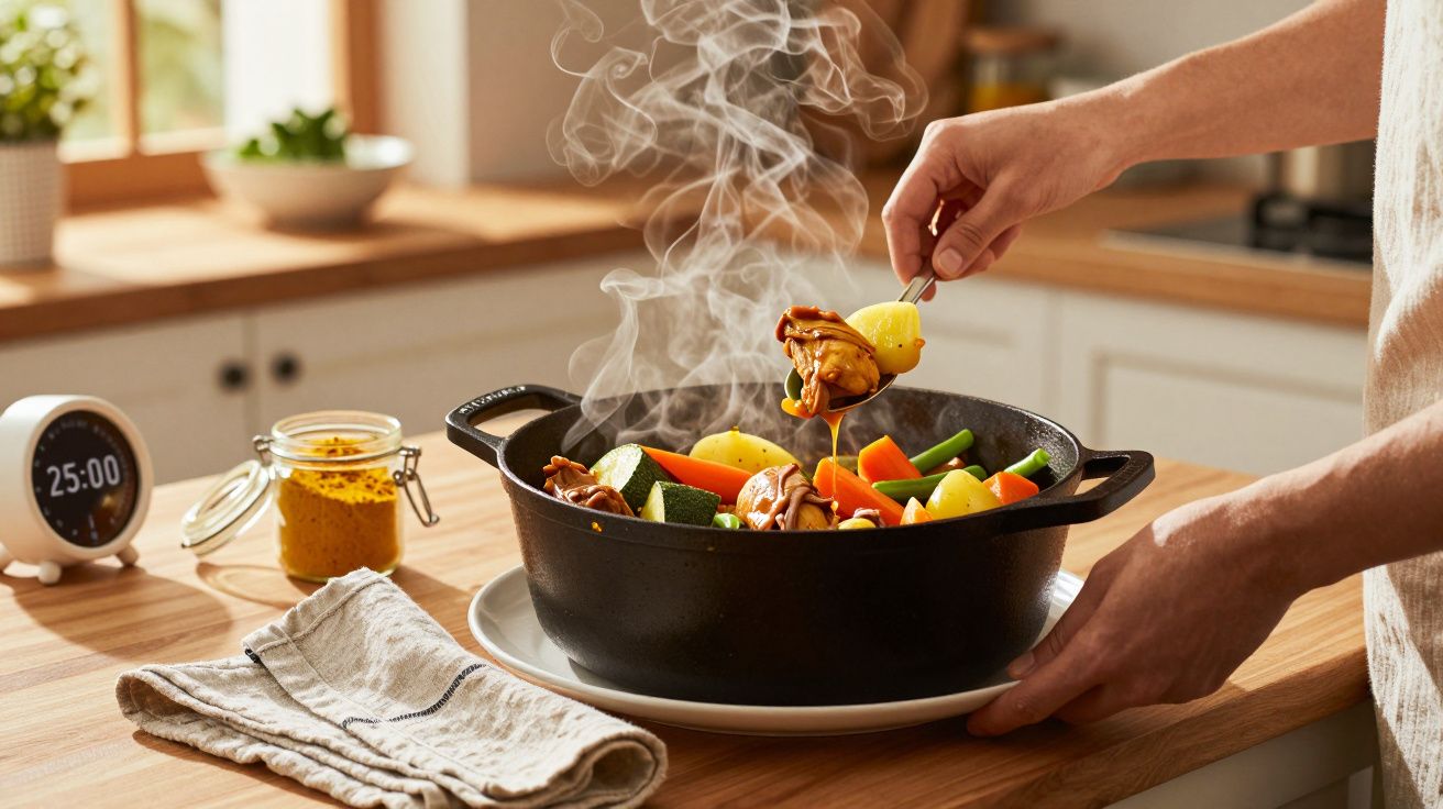 Mãos a servir guisado fumegante com legumes coloridos numa panela preta na cozinha iluminada.