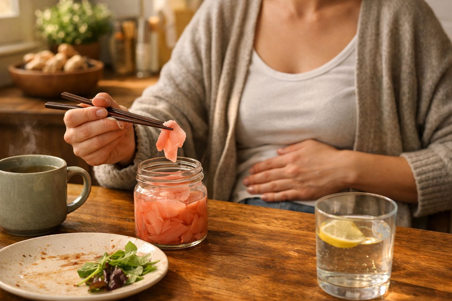 Pessoa a usar pauzinhos para pegar fatias de gengibre em conserva num frasco, sentada à mesa com comida e bebidas.