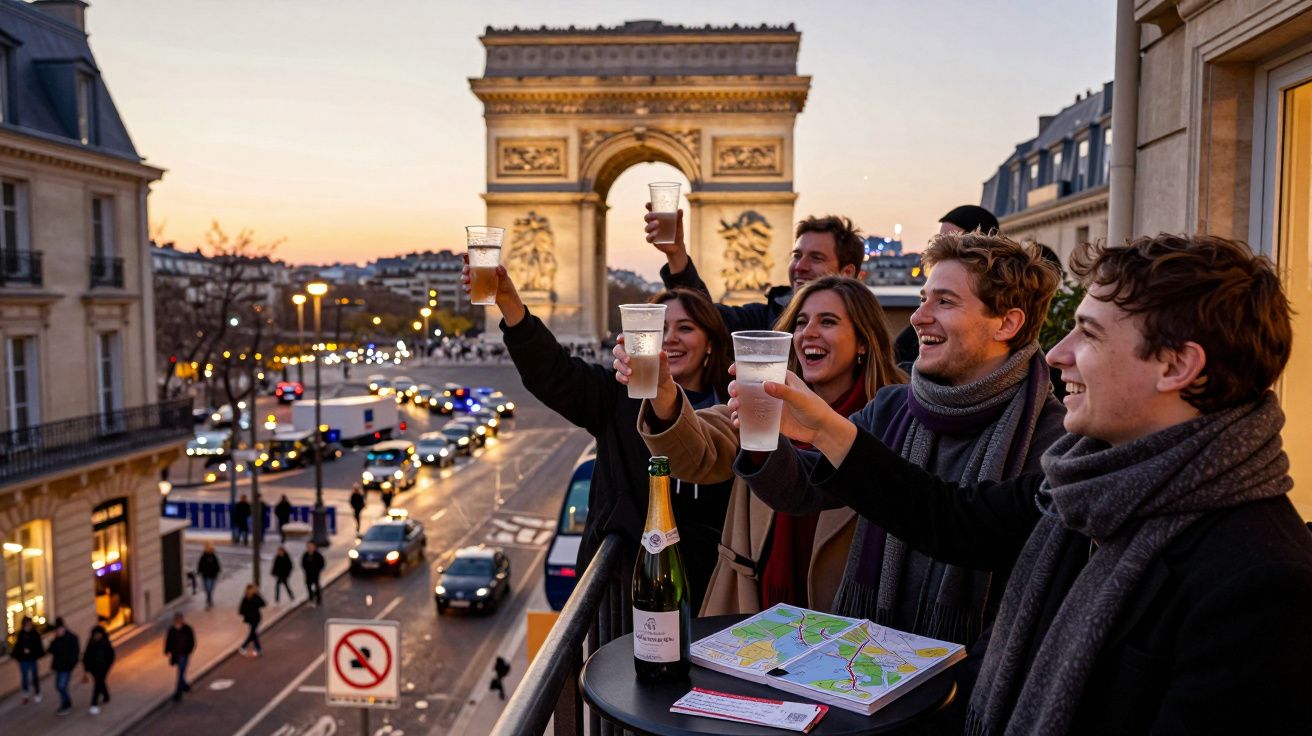 Grupo de amigos brinda com copos na varanda com vista para o Arco do Triunfo ao pôr do sol em Paris.
