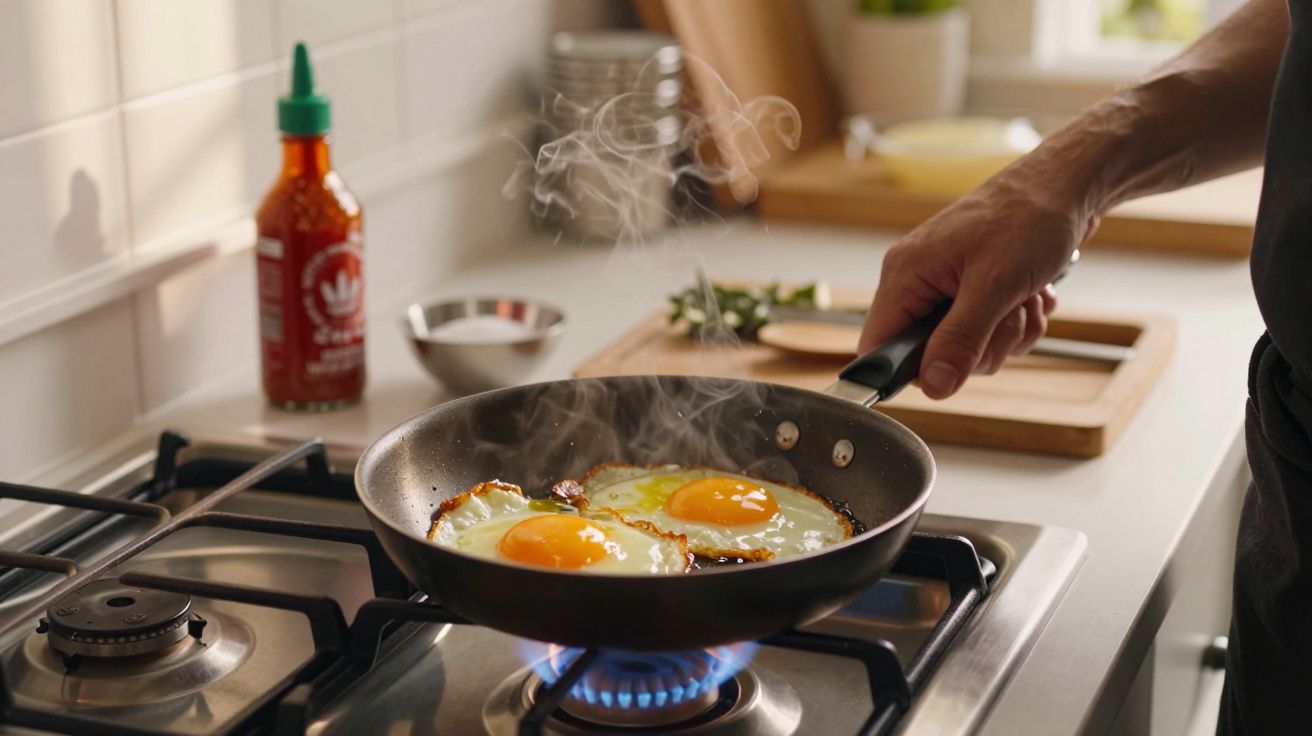 Ovos estrelados a cozinhar numa frigideira sobre o fogão a gás com vapor a subir.