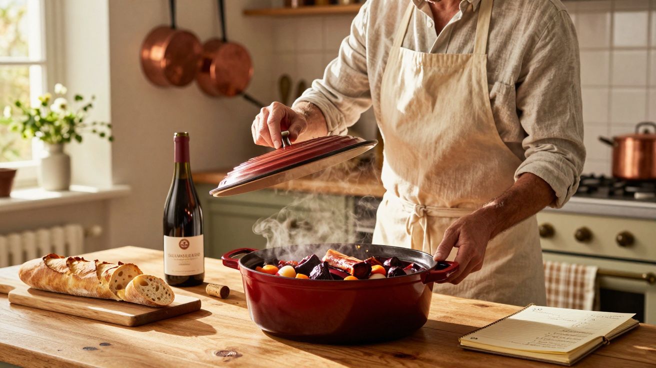 Pessoa a levantar tampa de panela vermelha com comida a cozinhar, garrafa de vinho e pão numa cozinha acolhedora.