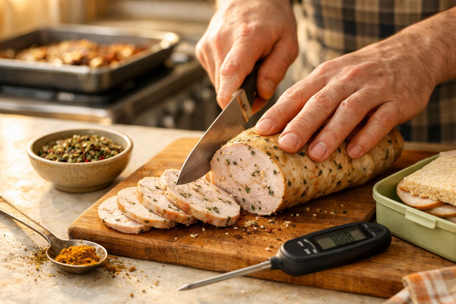 Pessoa a cortar lombinho de peru temperado em tábua de madeira numa cozinha.
