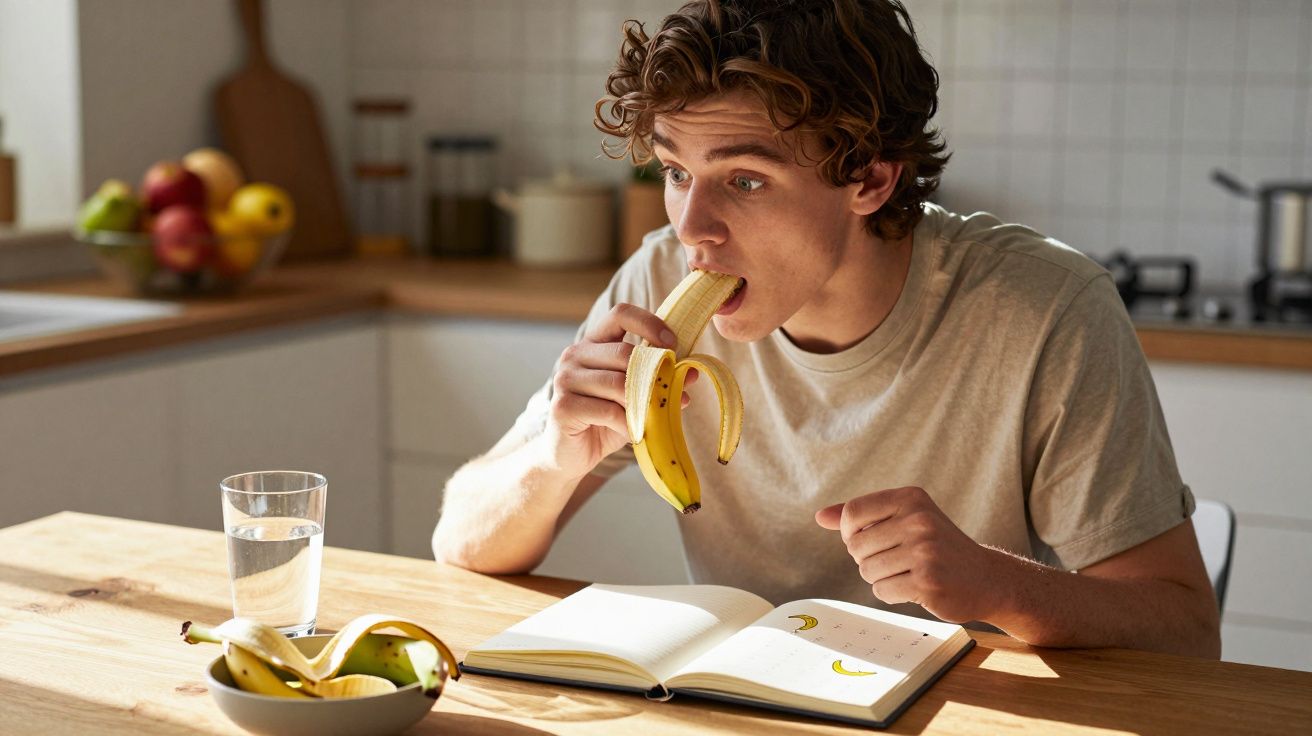 Jovem sentado à mesa da cozinha a comer uma banana, com um caderno aberto e um copo de água à frente.