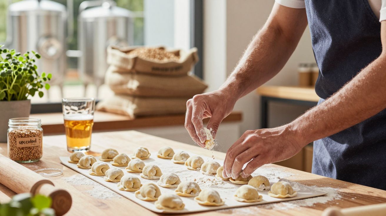 Mãos a polvilhar farinha em massa dourada disposta em linha sobre bancada de madeira numa cozinha luminosa.