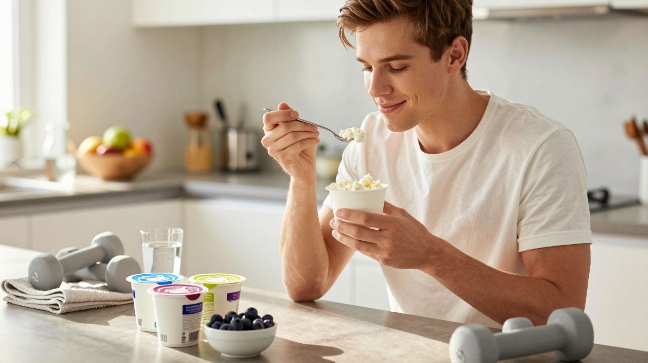 Jovem sentado na cozinha a comer iogurte ou requeijão, com pesos e frutas na mesa.