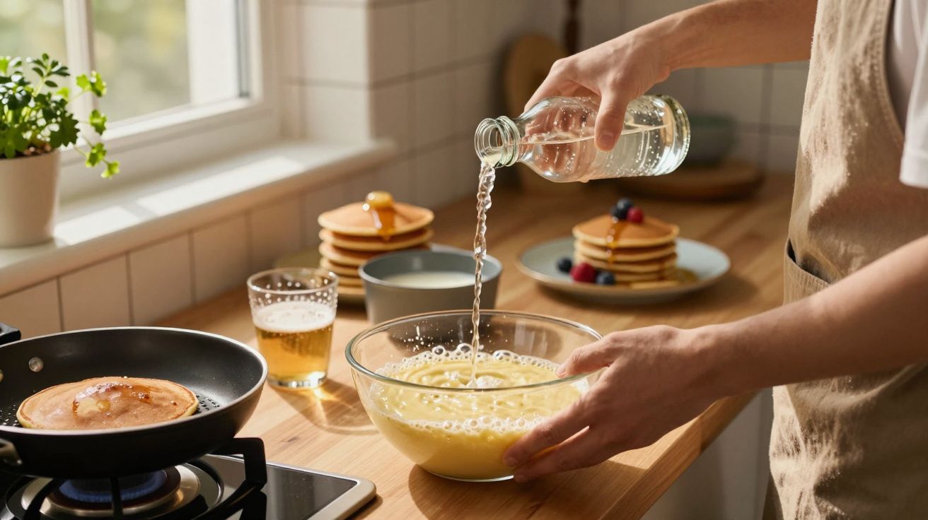 Pessoa a verter líquido numa tigela com massa para panquecas numa cozinha iluminada.