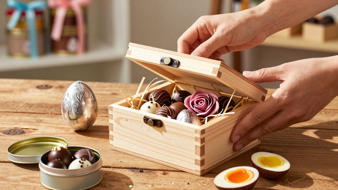 Mãos a abrir caixa de madeira com bombons decorados e ovo de chocolate partido sobre mesa de madeira.