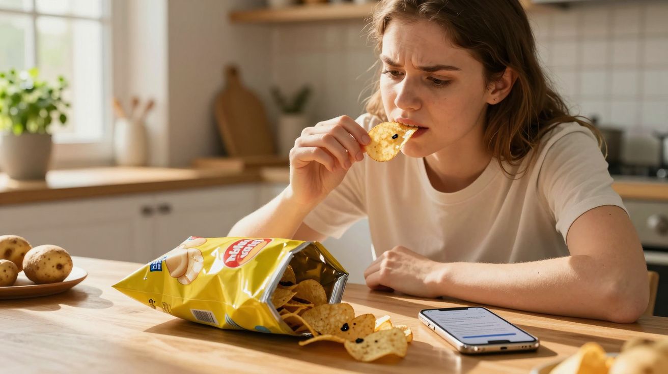 Mulher sentada à mesa da cozinha a comer batatas fritas e a olhar desconfiada para o chip.