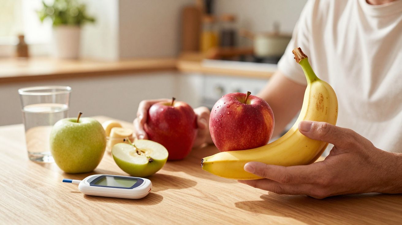Pessoa segurando banana e maçãs na cozinha com medidor de glicose e copo de água na mesa de madeira.