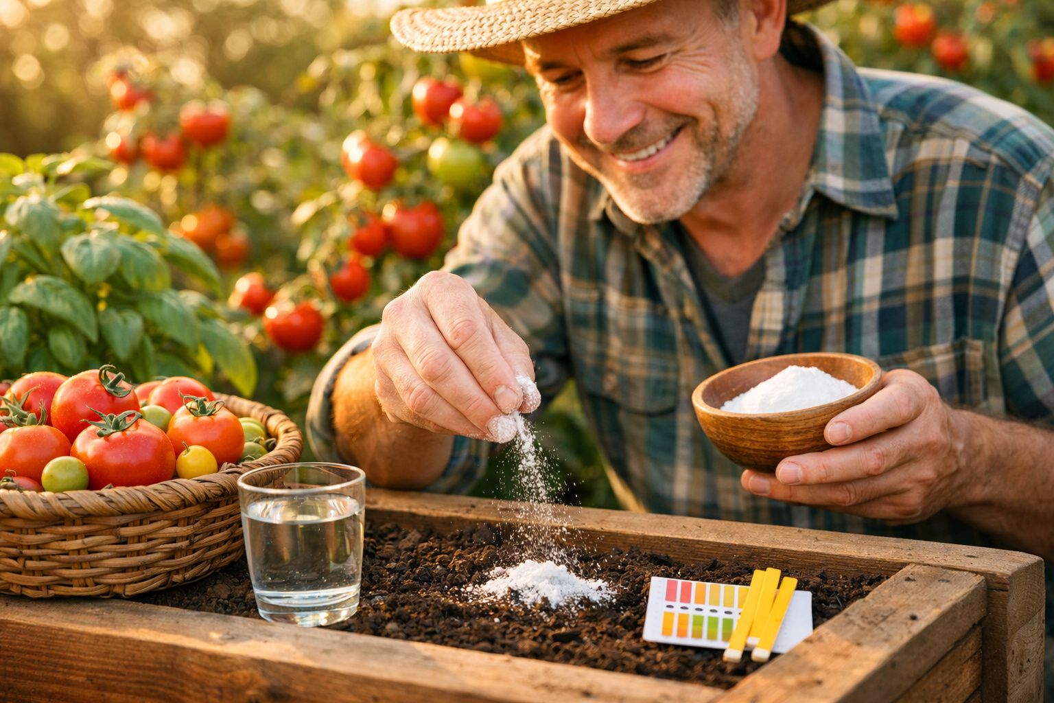 Homem a adicionar pó branco ao solo em estufa com tomates maduros e teste de pH ao lado.