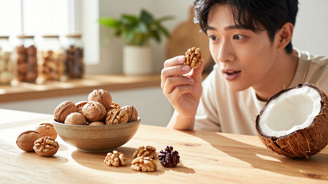 Homem observa nozes e coco partido sobre mesa de madeira com luz natural e plantas ao fundo.