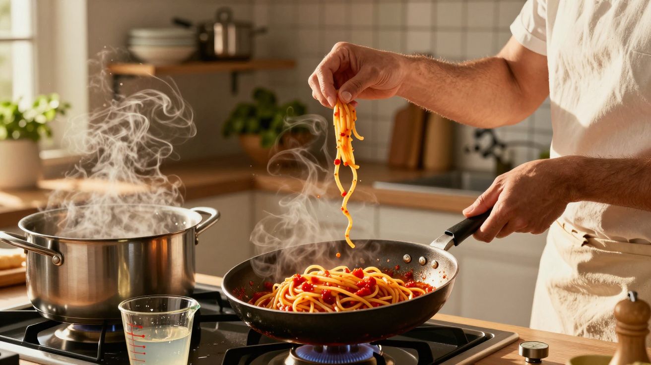 Pessoa a cozinhar esparguete com molho numa frigideira numa cozinha moderna e luminosa.