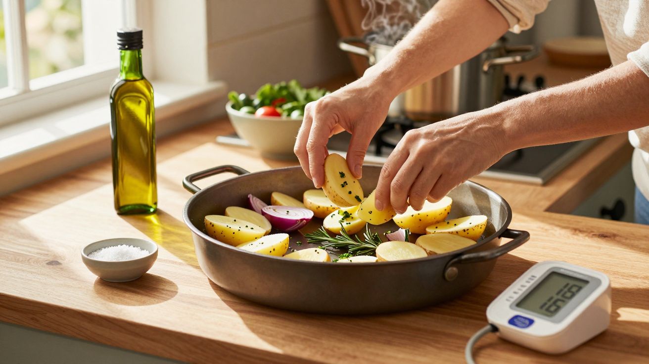 Pessoa a preparar batatas e cebolas numa frigideira para cozinhar numa cozinha iluminada pela luz natural.