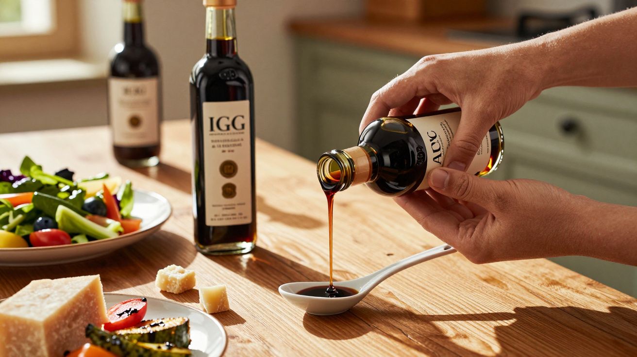 Pessoa a verter molho balsâmico numa colher num ambiente de cozinha com salada e queijo na mesa de madeira.