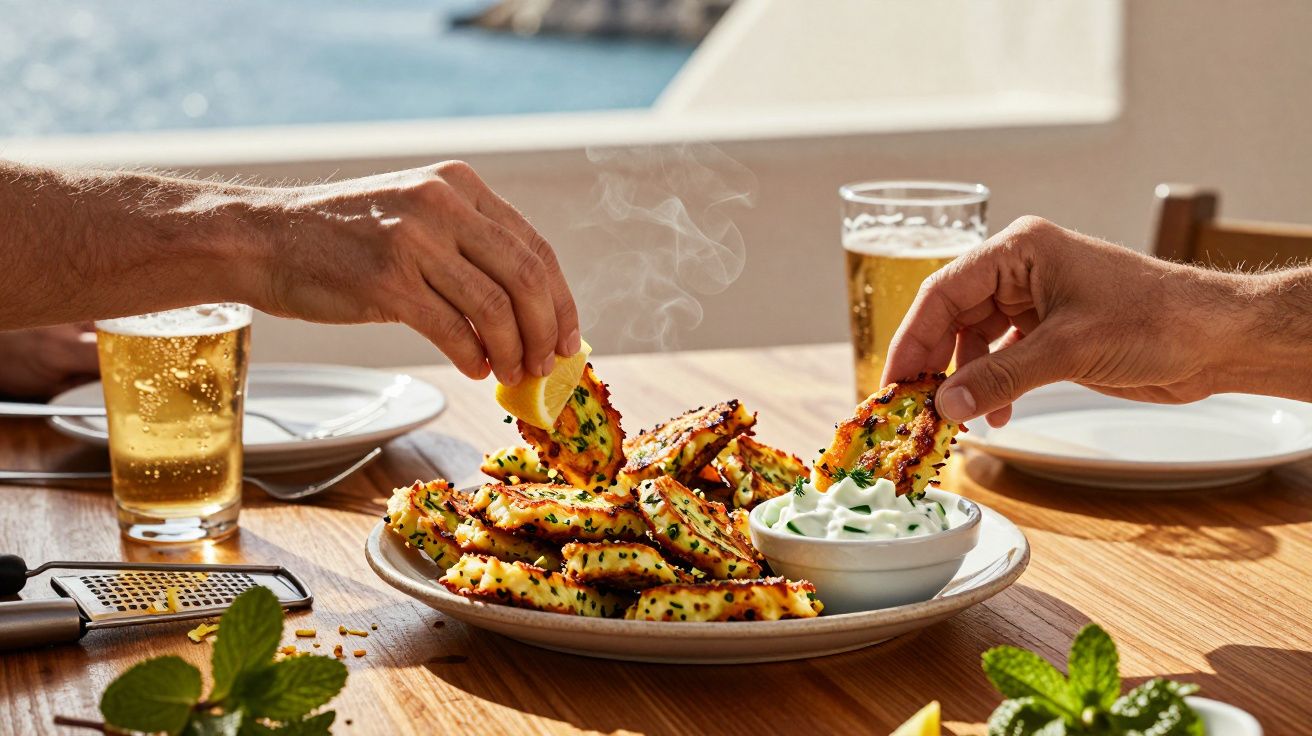 Pratos com bolinhos de legumes e molho, mãos a mergulhá-los e dois copos de cerveja numa mesa de madeira.