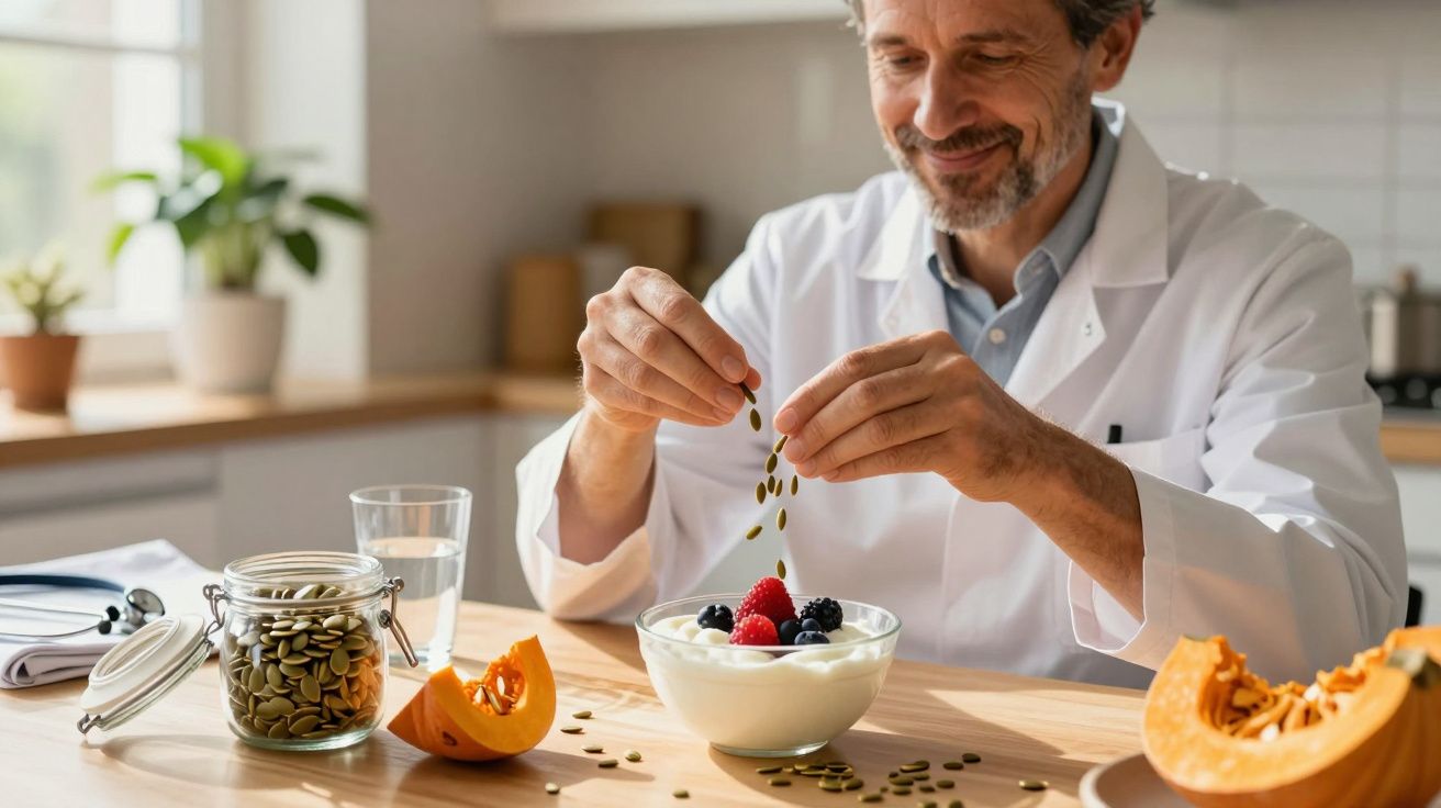 Homem de bata branca polvilha sementes em iogurte com frutos vermelhos à mesa de cozinha.
