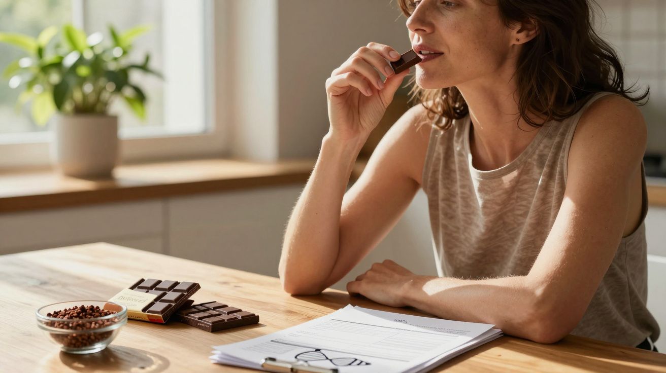 Mulher sentada numa mesa a comer chocolate, com documentos e óculos à frente, numa cozinha iluminada.