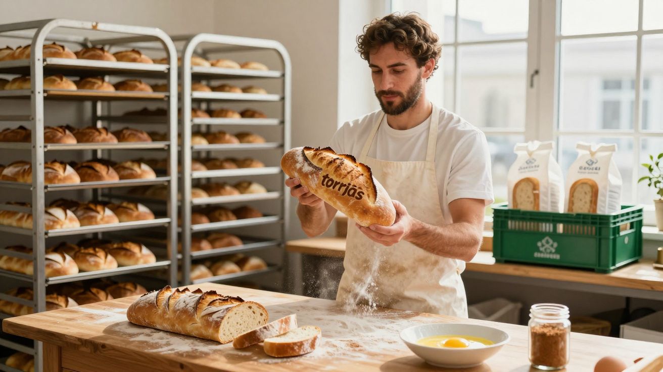 Homem com avental branco a segurar pão fresco numa padaria com várias fornadas de pão ao fundo.
