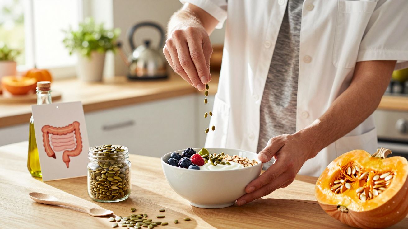 Pessoa a polvilhar sementes numa taça de iogurte com frutos vermelhos e sementes, numa cozinha iluminada.