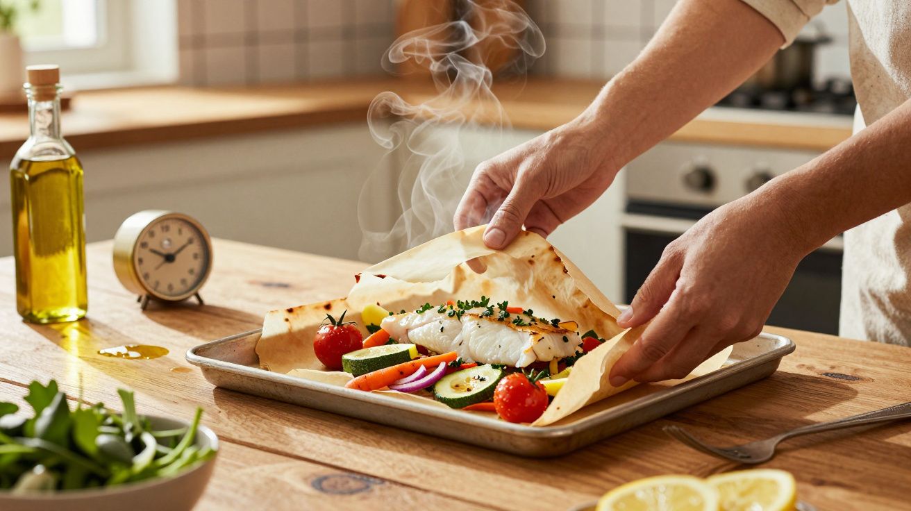 Mãos a abrir papel vegetal com peixe e legumes cozinhados a vapor com vapor a sair.