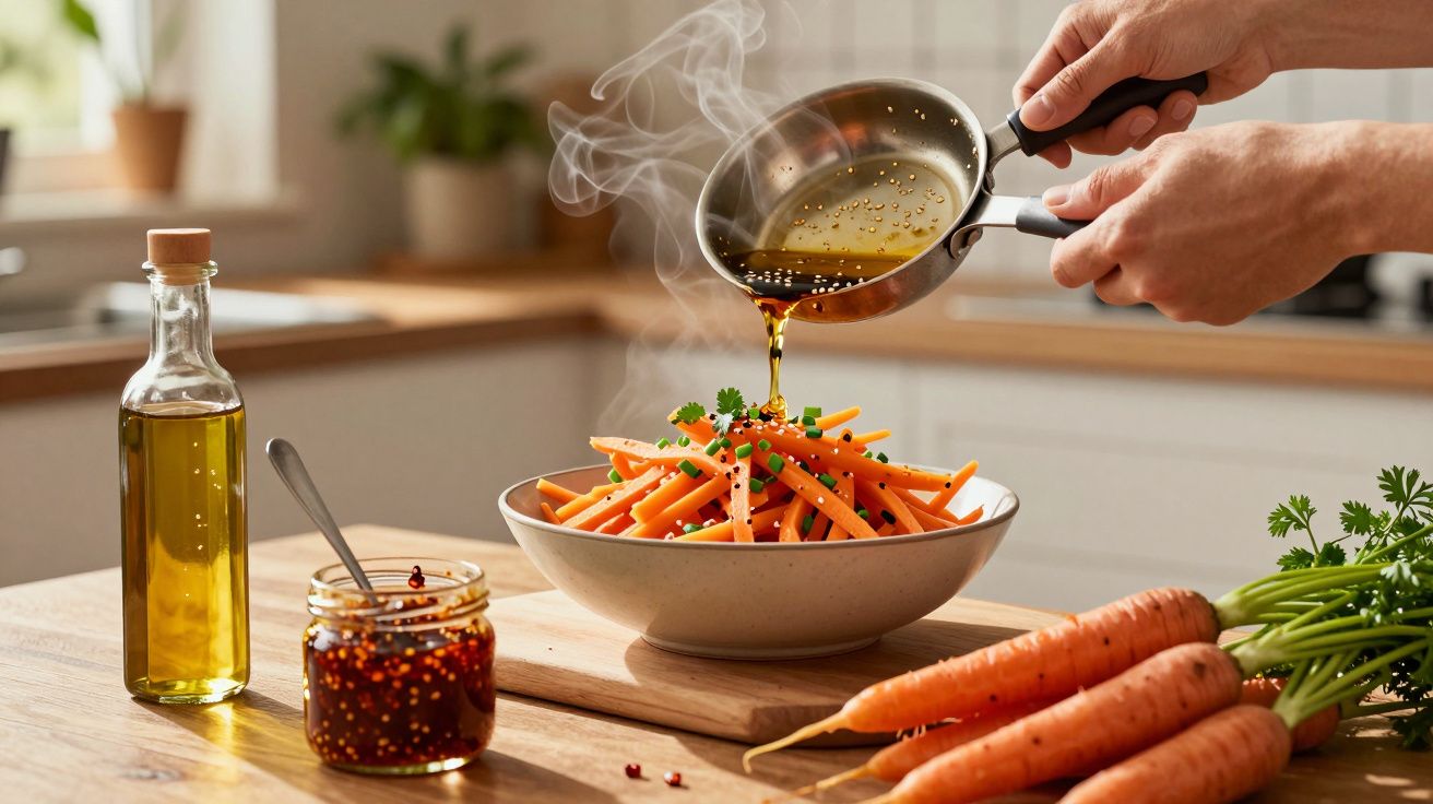 Pessoa a deitar molho quente em cenouras cortadas em palitos numa taça branca numa cozinha moderna.