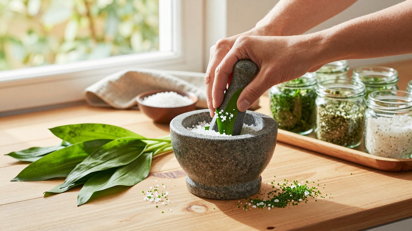 Mãos a esmagar folhas verdes com sal grosso num almofariz em madeira com ervas e temperos.