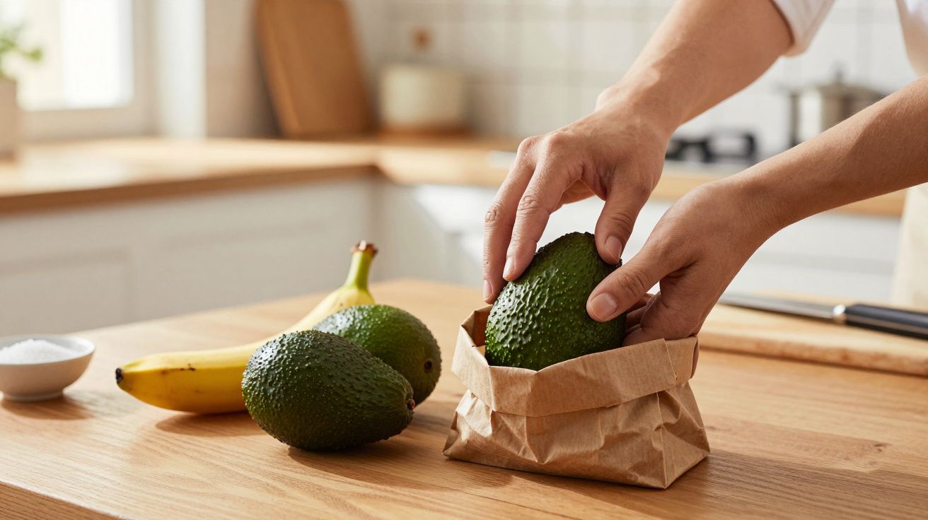 Mãos a colocar abacate numa embalagem de papel numa cozinha com abacates e uma banana sobre a mesa.